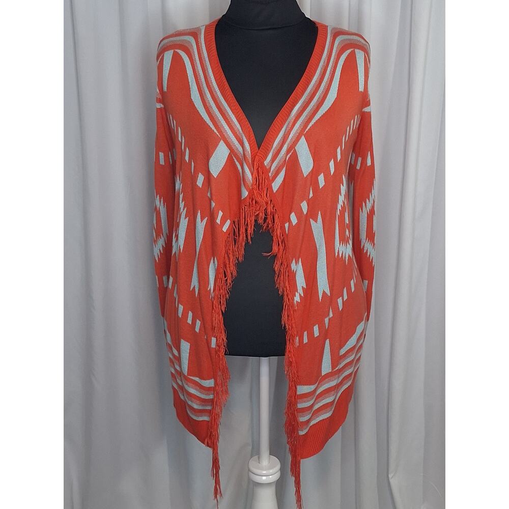 Umgee Women's Small Southwest Cardigan Orange Turquoise Boho Duster Open Front